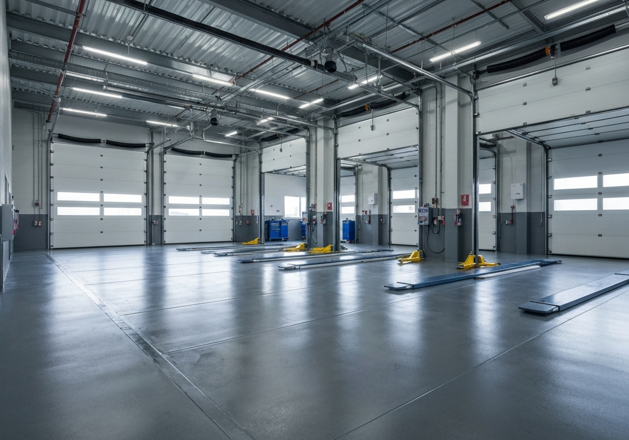Clean coated auto/fleet service-bay floor with bays and lifts