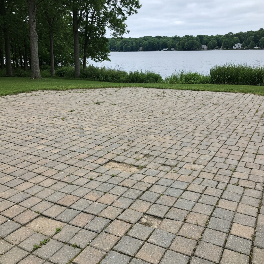 Somers lakeside patio showing faded pavers, joint sand washout, weed intrusion