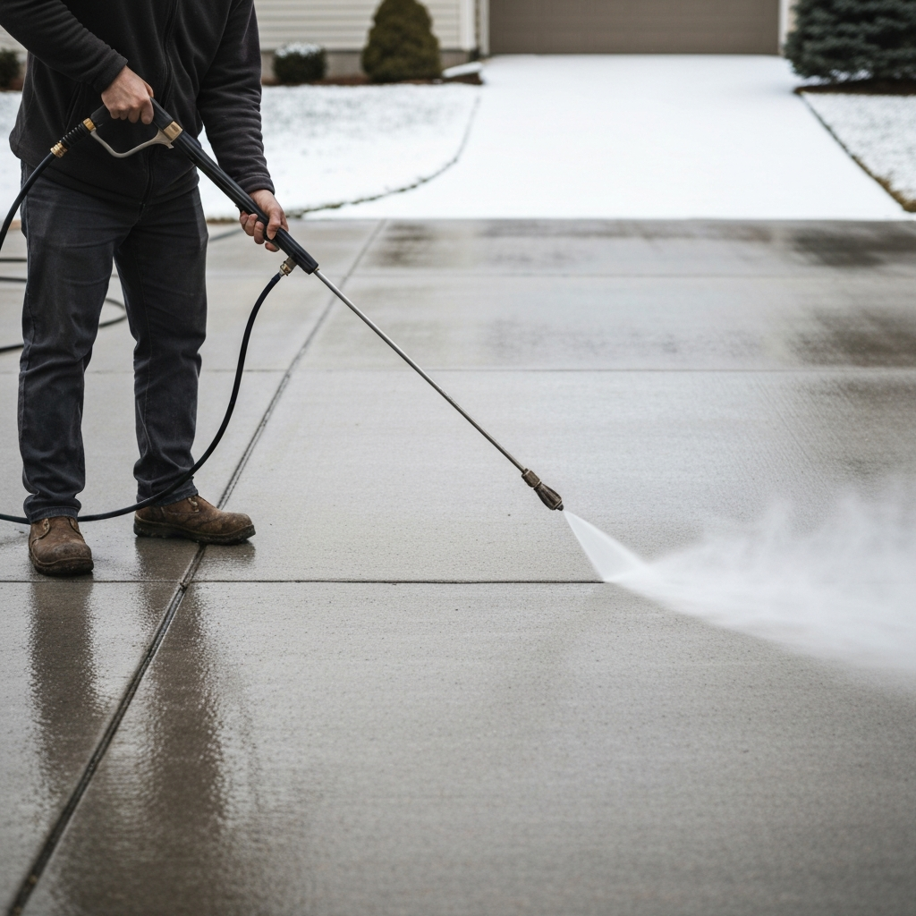 Operator wand-washing a concrete driveway, gray winter film lifting off to reveal clean concrete.
