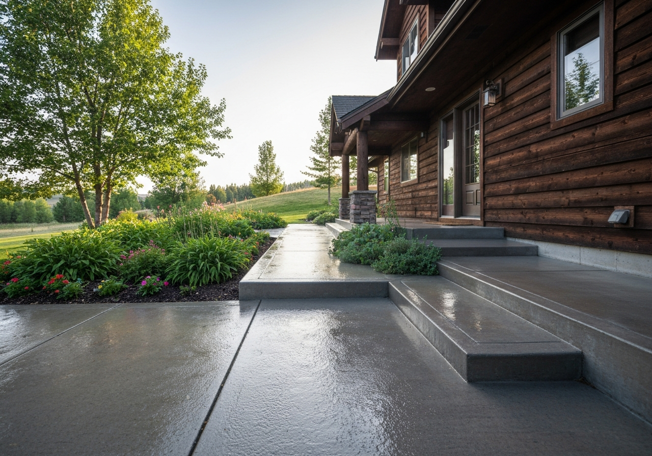 Concrete walkway and front steps with water beading on the sealed surface