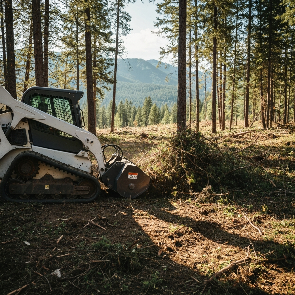 Skid steer with a brush mulcher clearing dense brush and small trees on a wooded Northwest Montana acreage lot