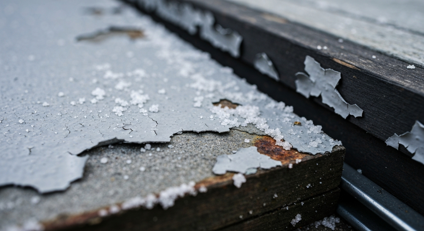 Close-up of a peeling, hot-tire-lifted thin gray garage coating with failed paint and salt residue