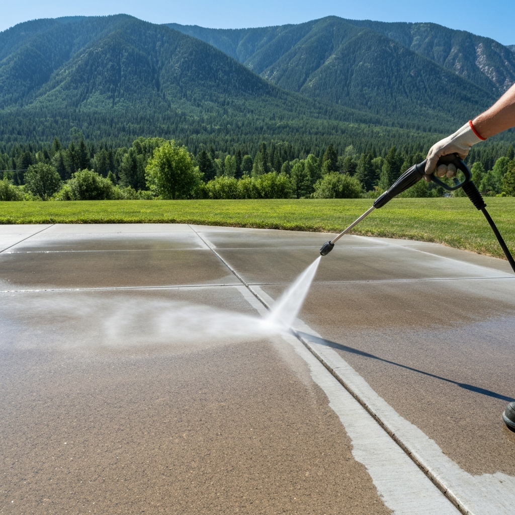 A pressure washer wand restoring a concrete patio with a sharp clean stripe next to the dirty gray surface, Flathead Valley mountain backdrop, no signage.