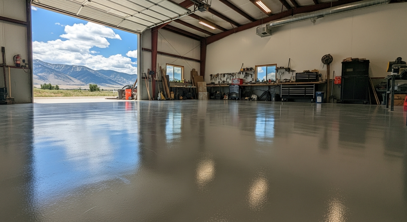 Finished polyaspartic shop floor with a clean satin sheen in a tidy Northwest Montana shop