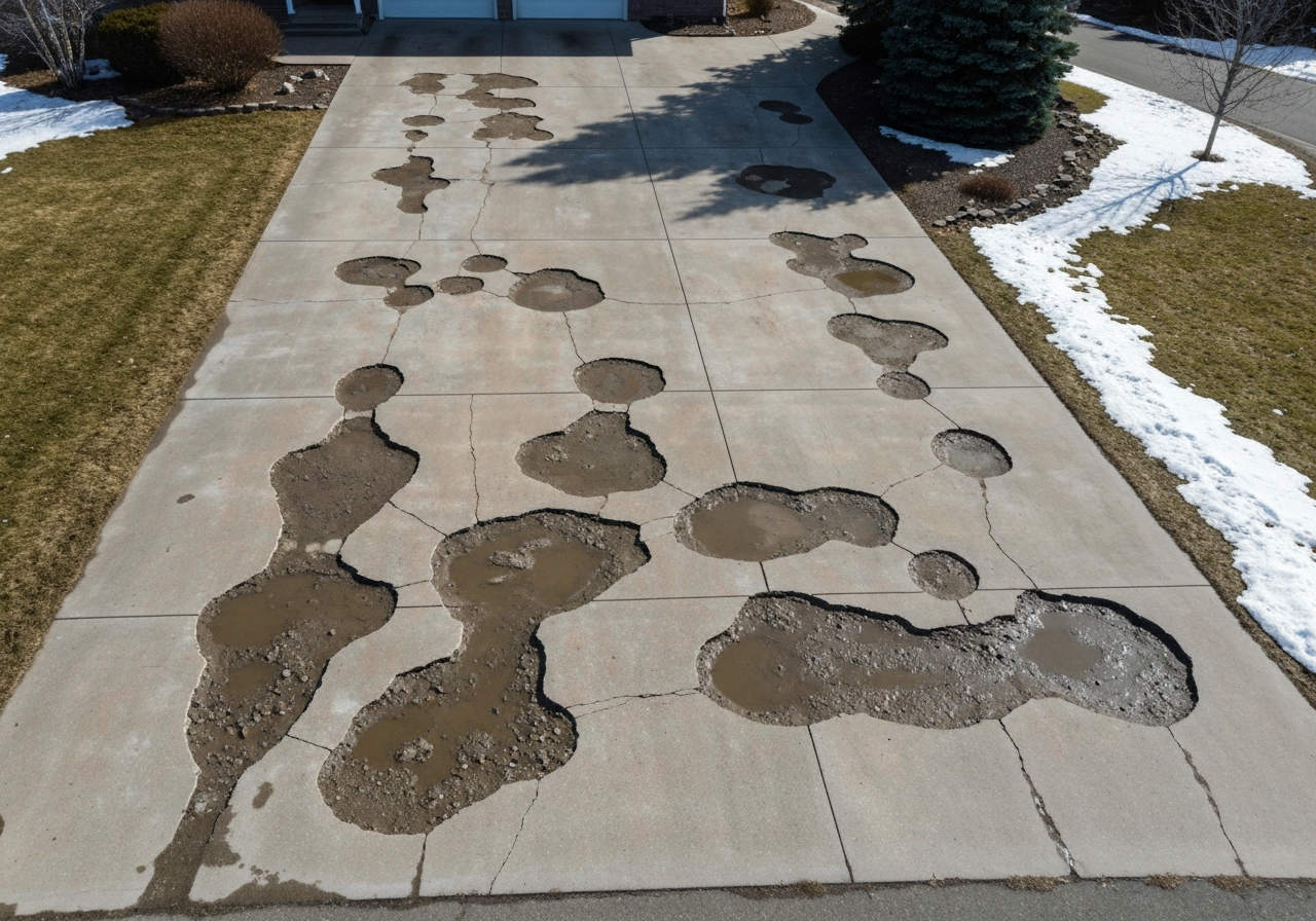 Scaling and pitting on a residential concrete driveway after a Flathead Valley winter