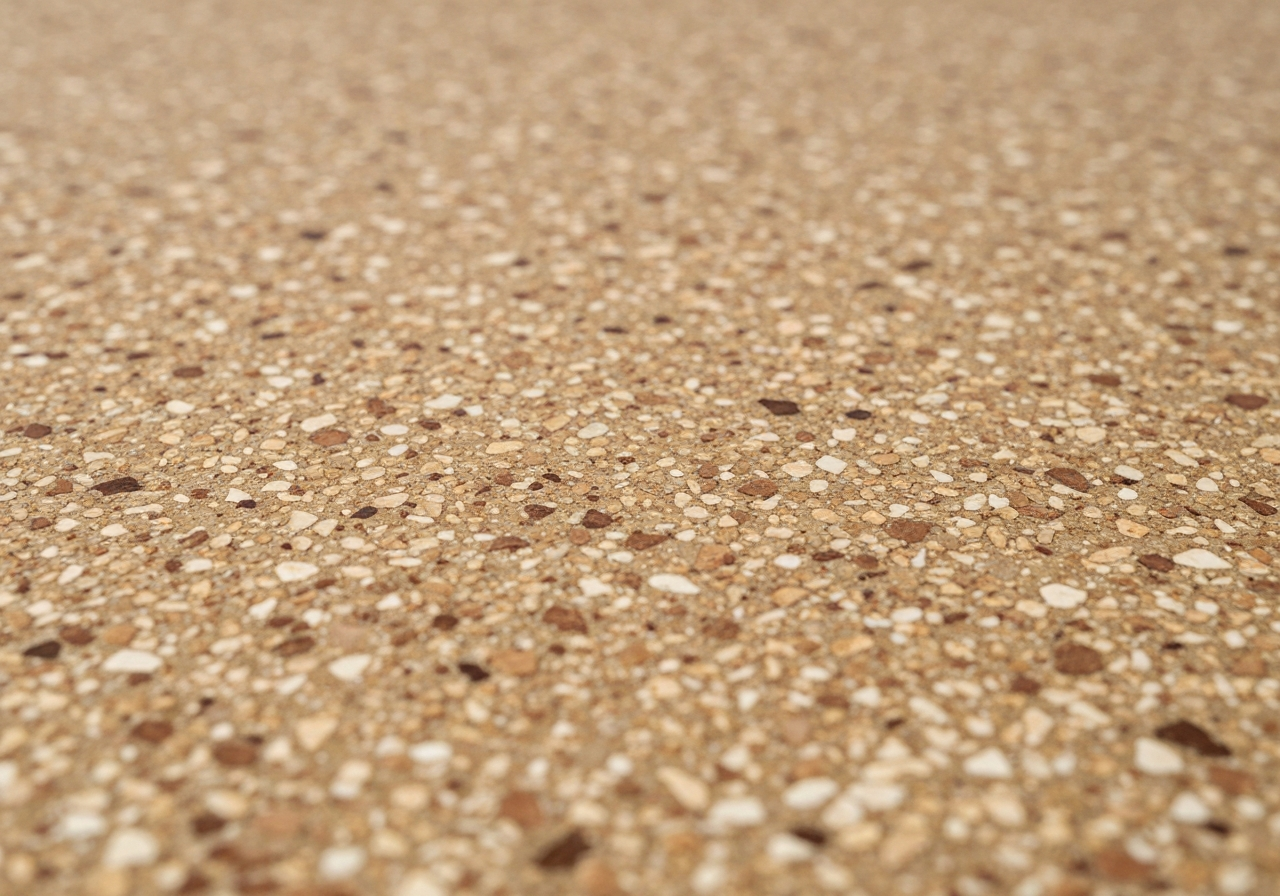 Tight macro close-up of a tan/brown/cream full-broadcast flake floor texture