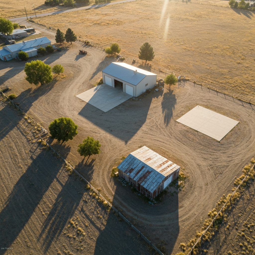 Aerial view of a Mission Valley acreage property with farm shop, homestead garage, and equipment pad visible