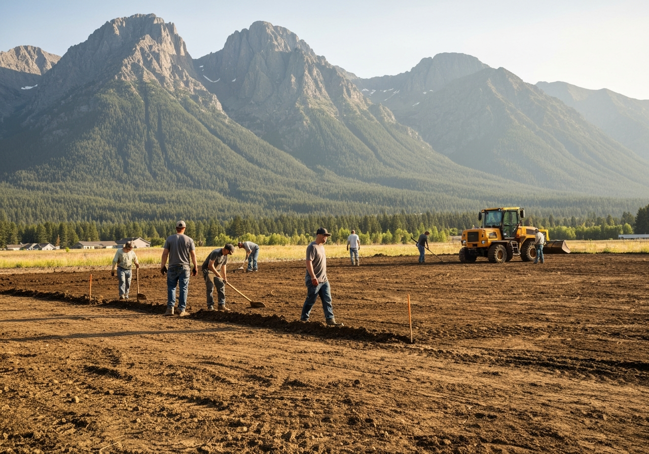 Crew grading a large Polson lot with Mission Range backdrop