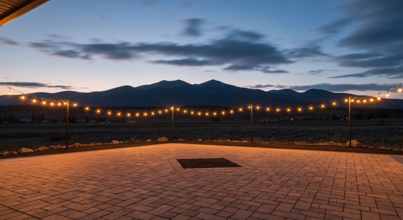 Dusk view of a freshly sealed paver patio glowing under warm string-light ambiance, Montana mountain silhouette behind