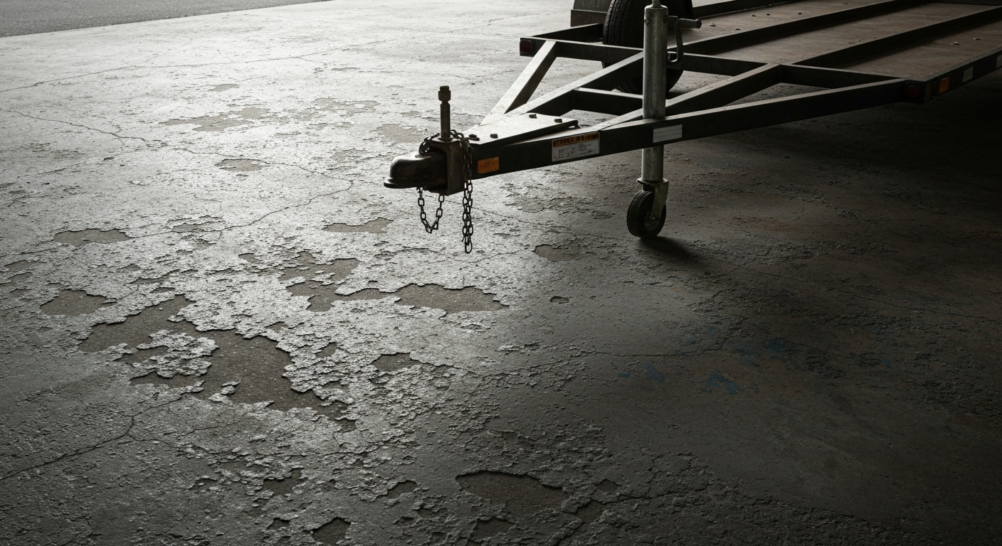 50-year-old garage slab with surface scaling, spalled patches, and oil shadows, trailer tongue resting on it