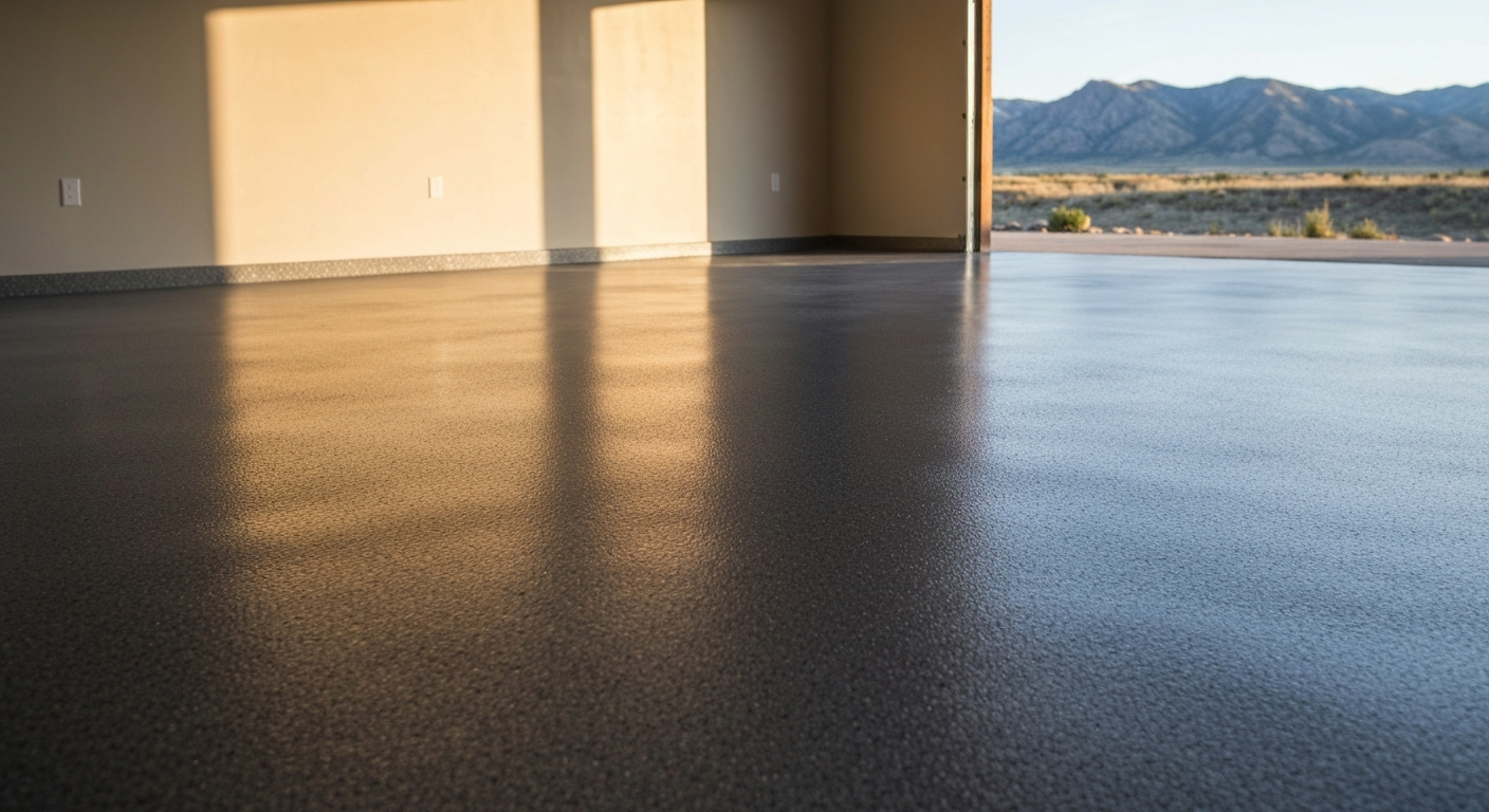 Clean, glossy professionally coated epoxy garage floor with a subtle decorative flake finish in a residential Montana garage