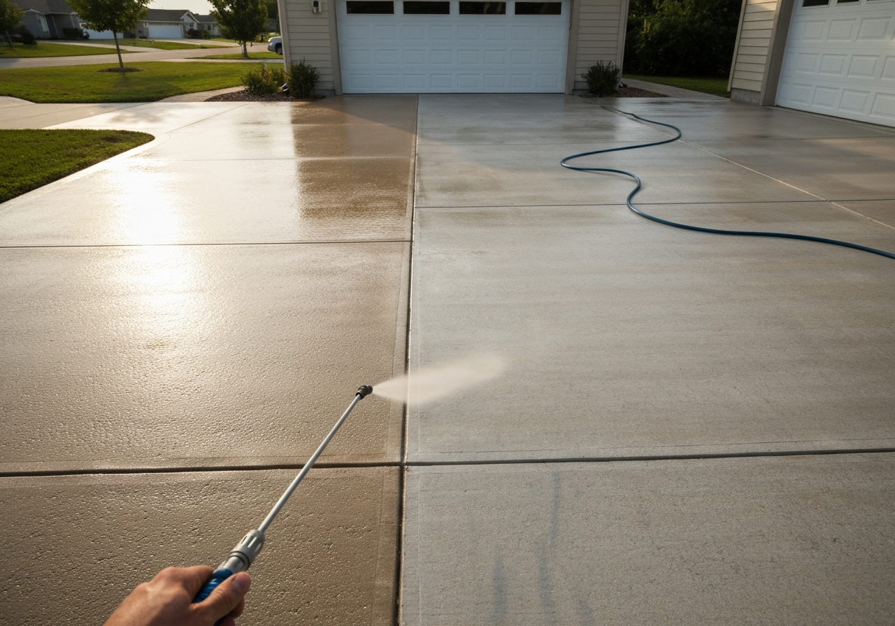 Clean residential concrete driveway mid-application with penetrating sealer