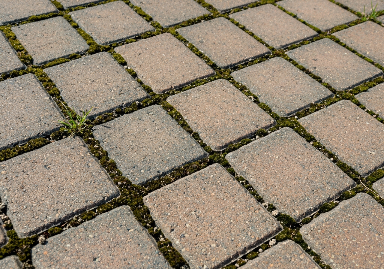Close-up of Lakeside paver joints with joint-sand washout, weed intrusion, and fading visible on a west-shore patio