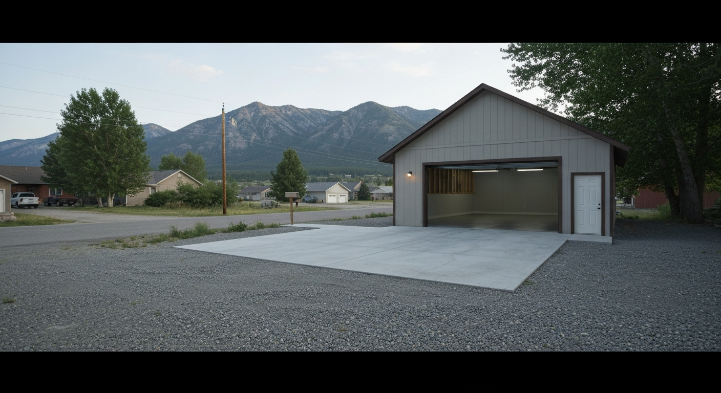 Photorealistic Montana valley-town residential street with a detached garage and RV pad in the foreground, freshly coated gray flake garage floor visible through the open door, mountains on the horizon