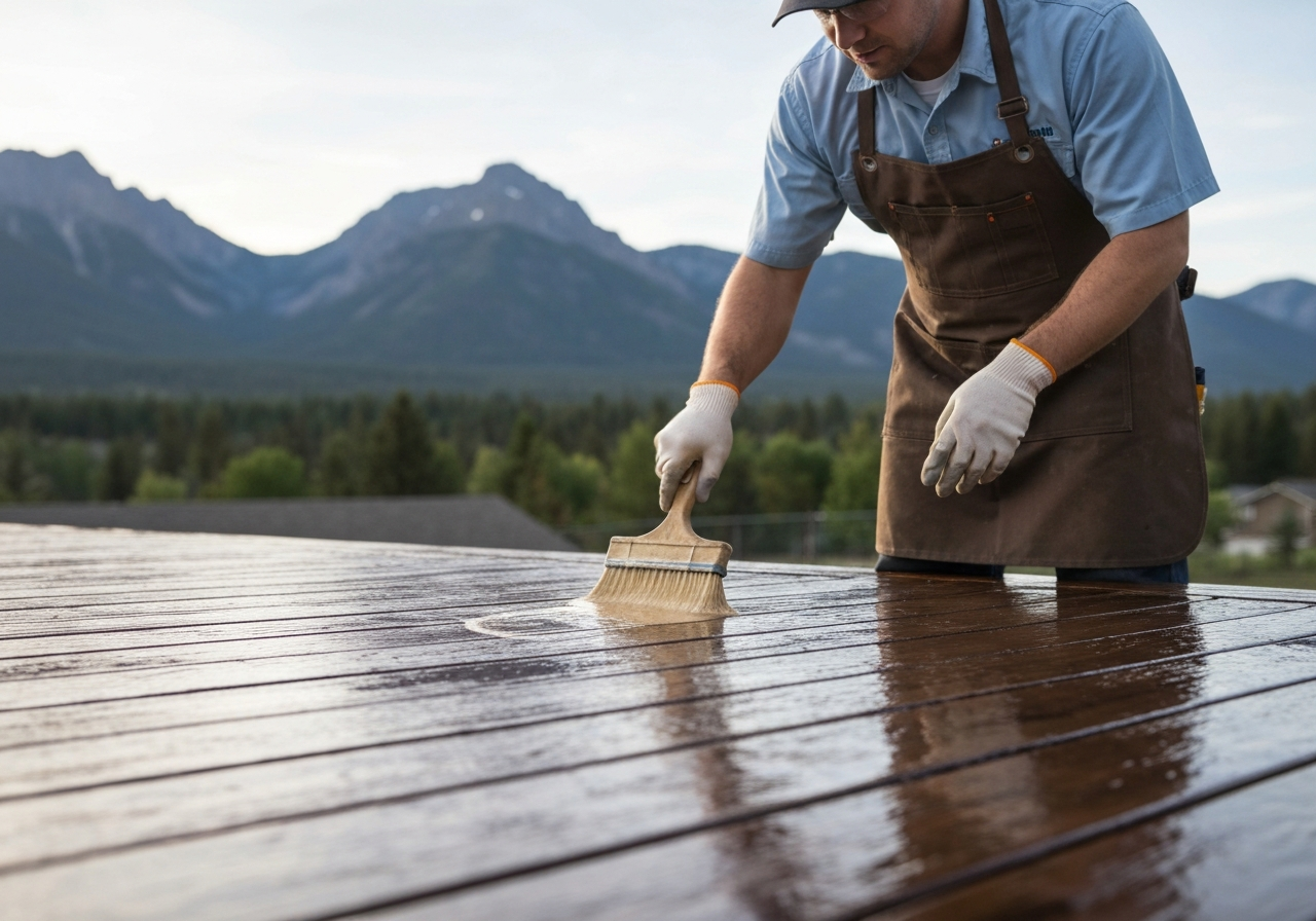 Technician applying sealer to a Polson patio with Mission Mountains visible in the background