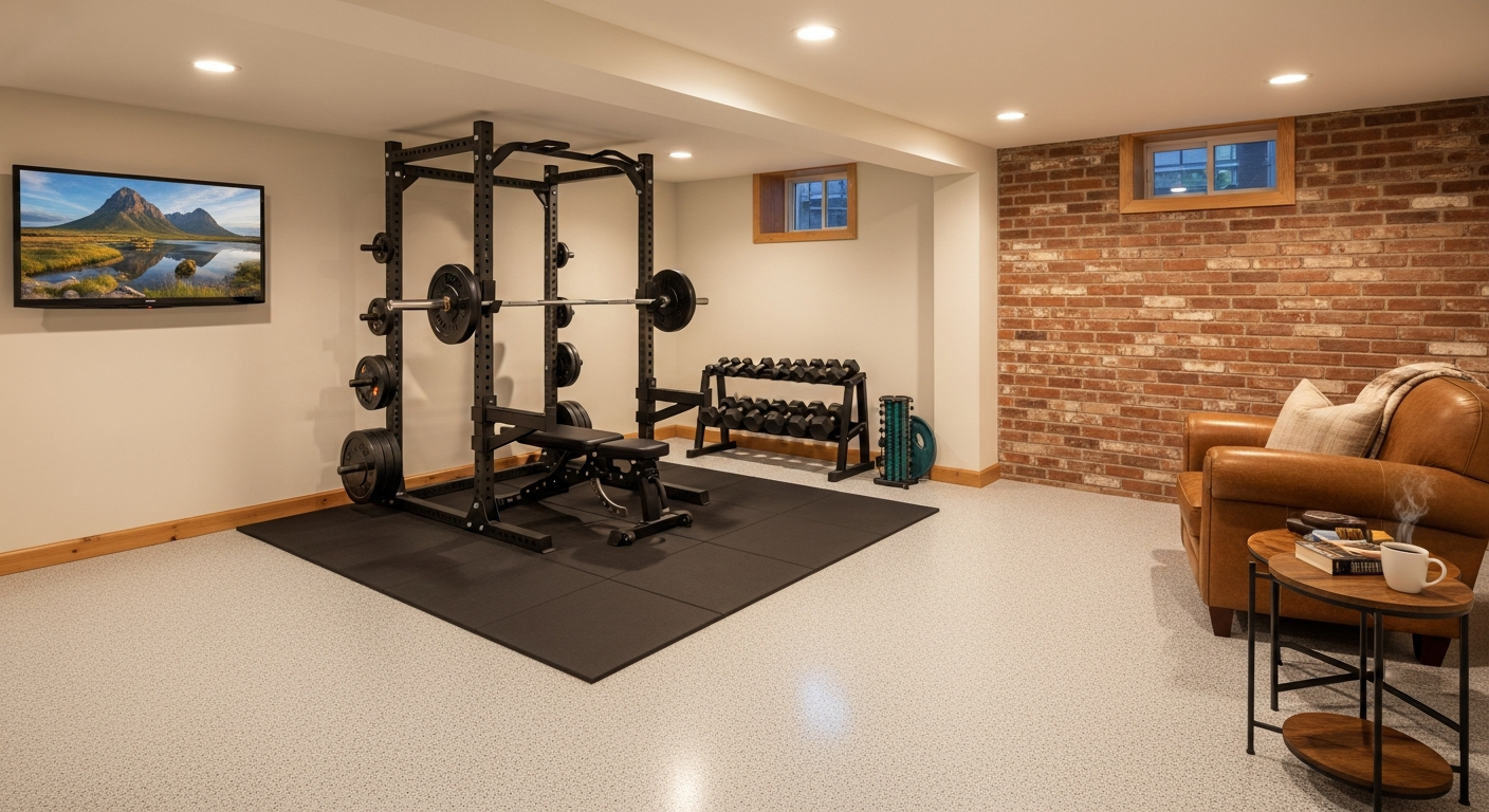 Sunlit interior with a pale-gray high-gloss coated floor