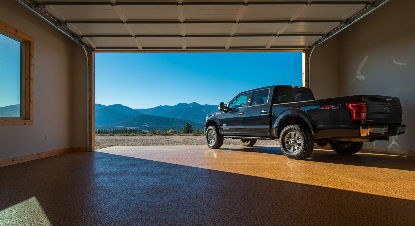 Photorealistic premium flake-coated garage floor in a Montana home, truck parked, mountain view out the open door