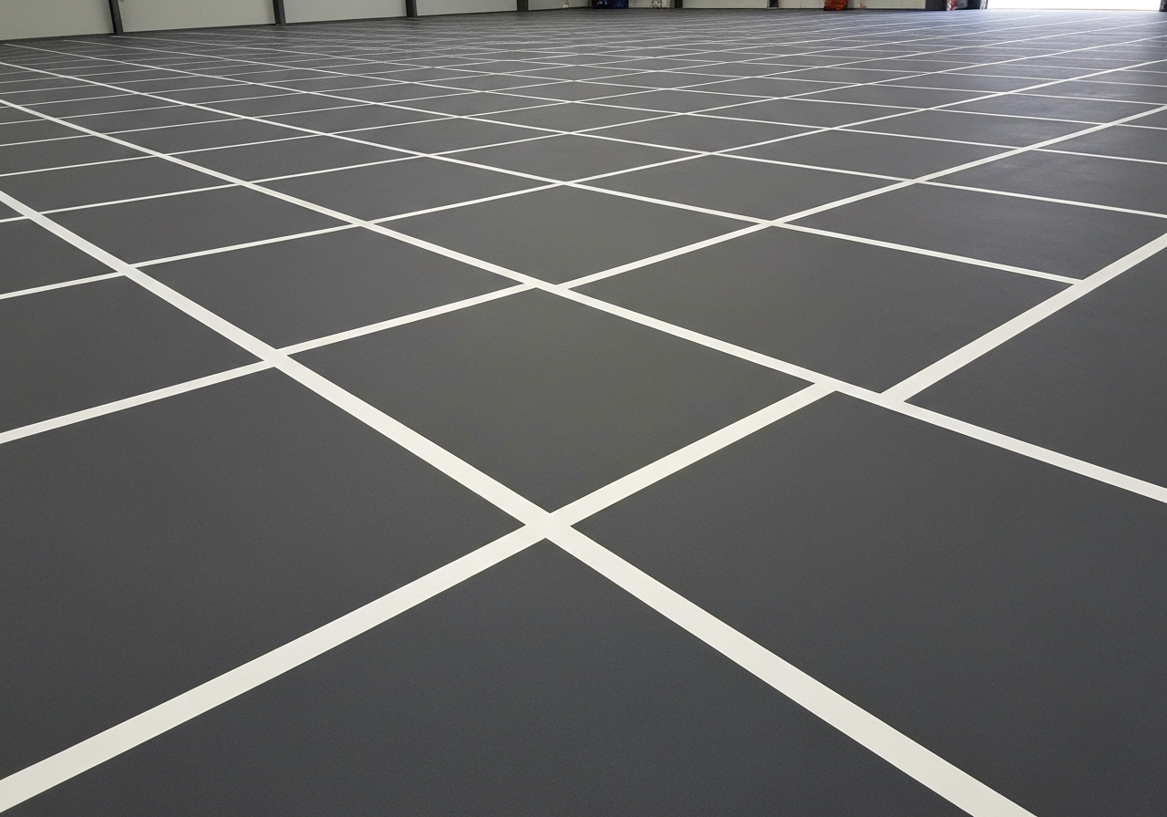 Large polyaspartic shop floor with crisp line striping and a durable matte-satin finish
