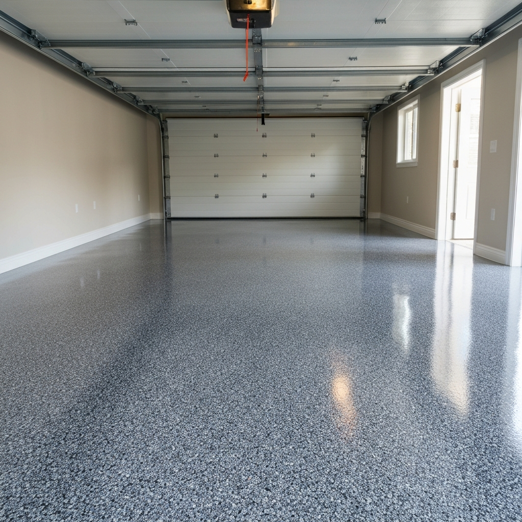 Photorealistic freshly finished two-car residential garage floor with a full-broadcast gray/black/white flake coating