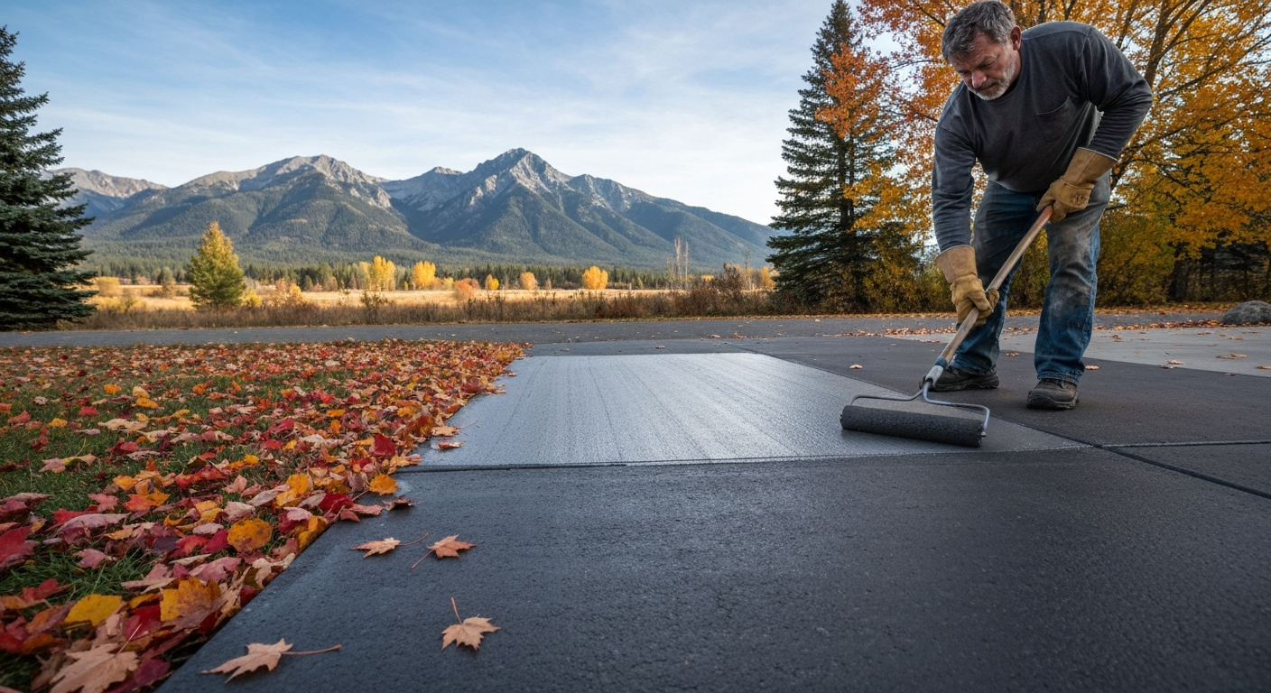 Photorealistic image of a technician applying penetrating sealer to a concrete driveway in late fall in Northwest Montana