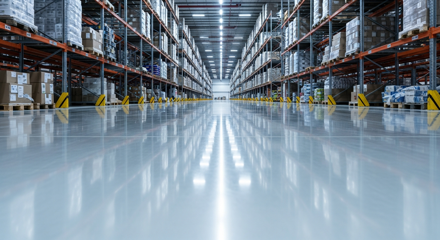 Long warehouse aisle with a freshly coated light-gray gloss floor reflecting LED highbay lights, loaded pallet racking on both sides receding into the distance