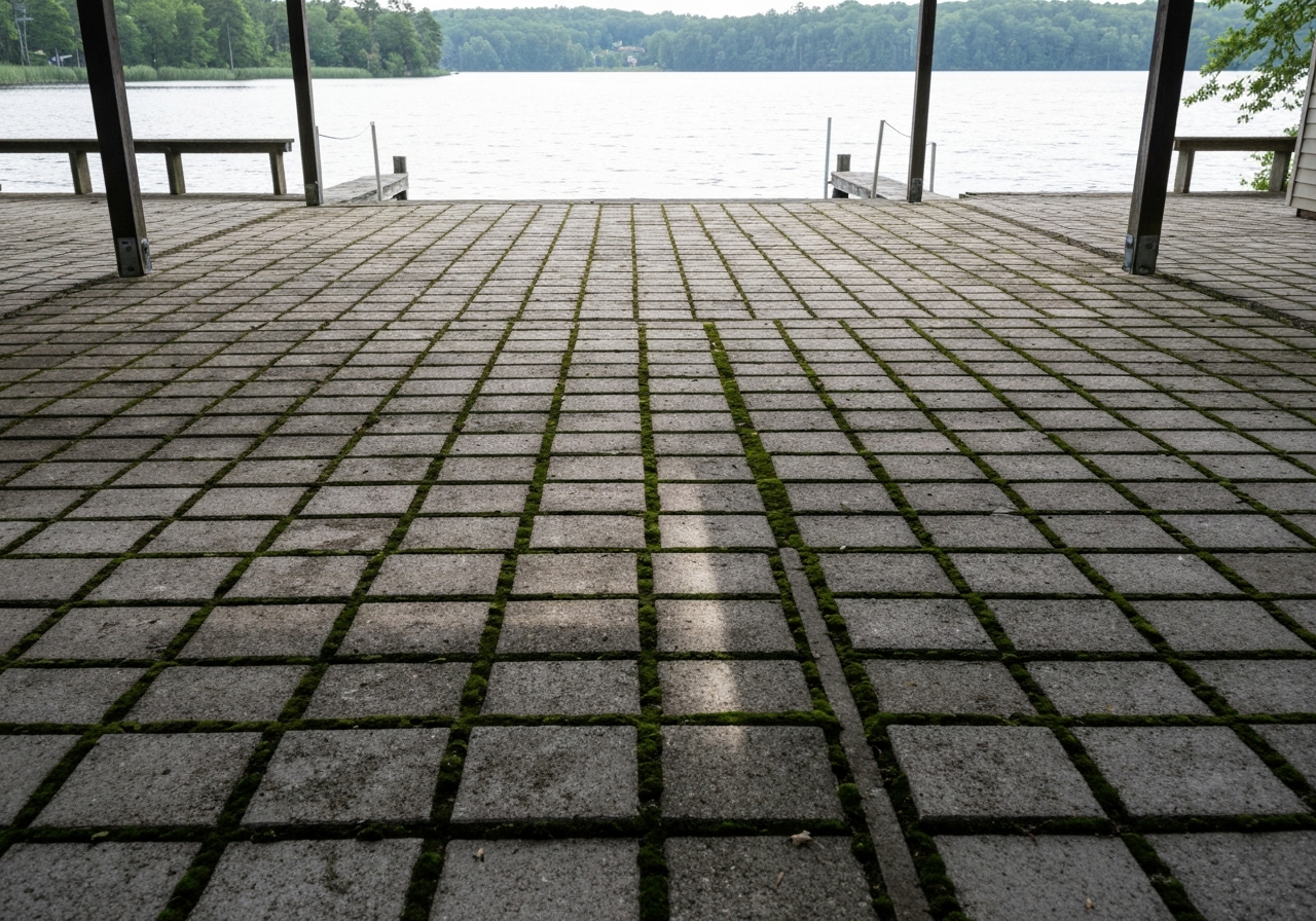 Shaded lakefront paver patio with faded chalky pavers, moss in the joints, lake behind