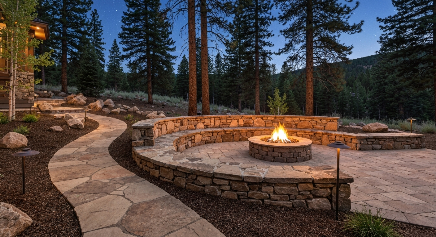Stone walkway, seating wall, and fire-pit area in a mountain-home yard