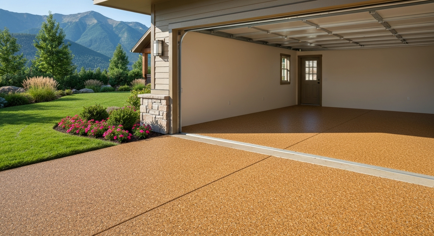 Finished residential double garage with a warm tan flake-coated floor