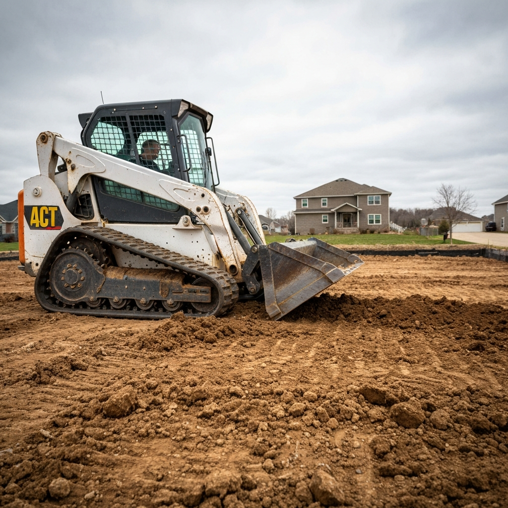 Skid-steer rough-grading a residential lot, leveling soil