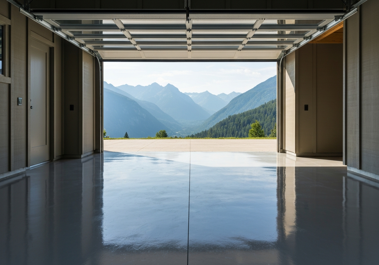 Finished residential garage, pale-gray gloss floor, mountain view through open door