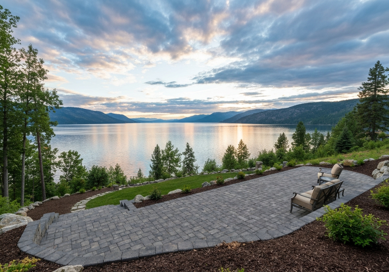 Tiered lakeside lot with paver patio facing Flathead Lake, open view corridor