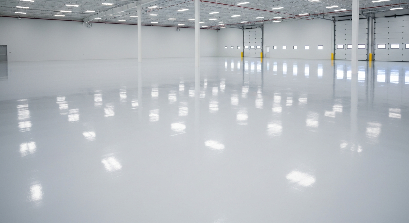 Glossy epoxy-coated commercial warehouse floor in a Missoula facility, clean industrial setting