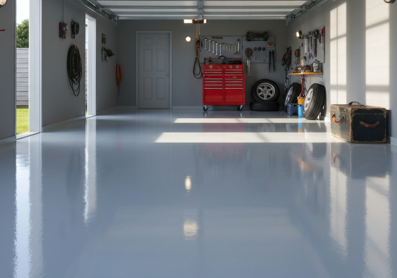 Sunlit garage interior with a pale-gray high-gloss coated floor