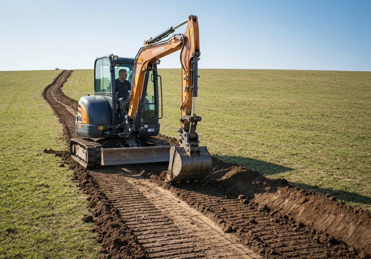 Compact excavator cutting a drainage swale on a slope
