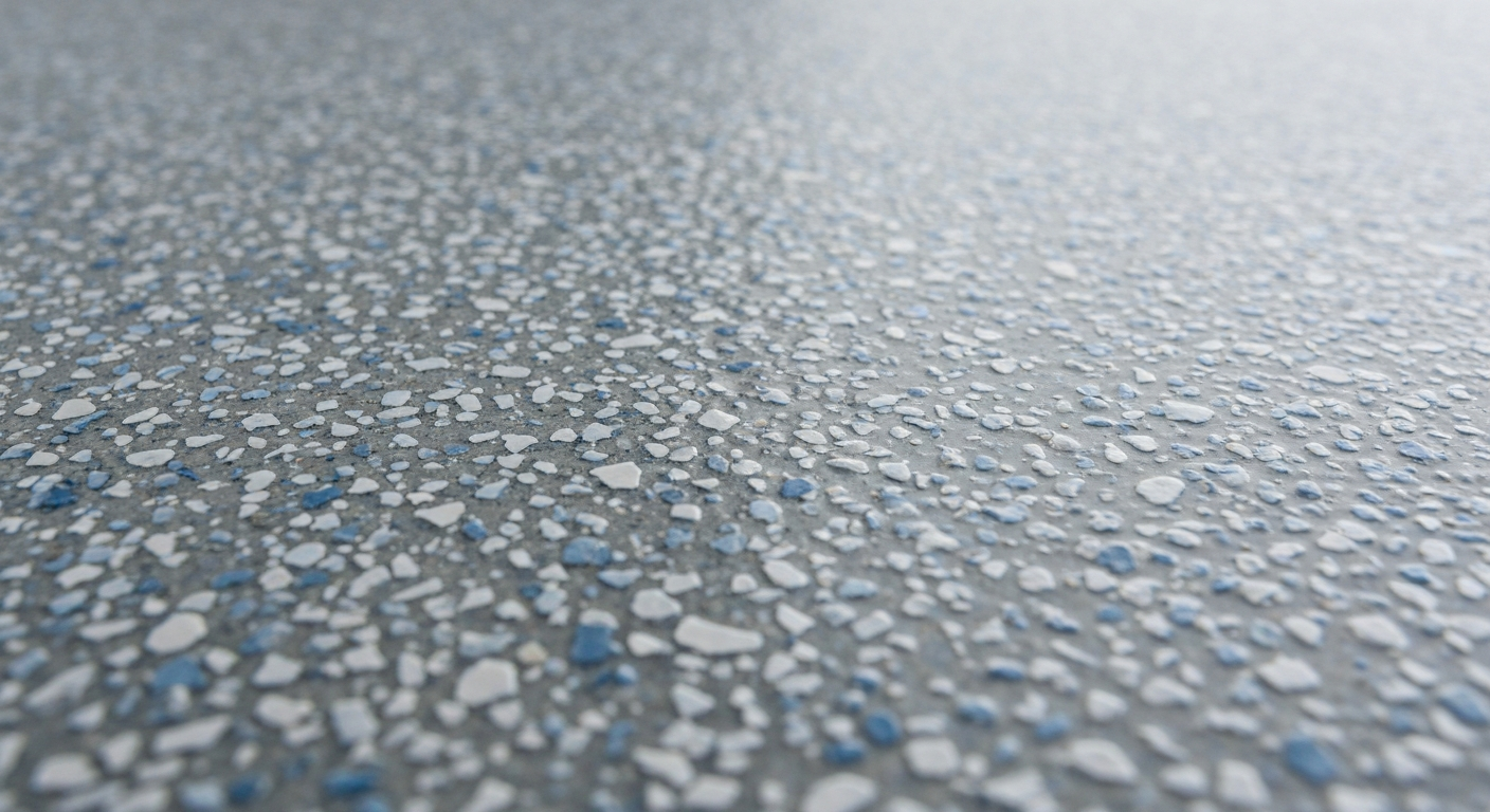 Close-up of a silver-and-charcoal swirled metallic epoxy floor