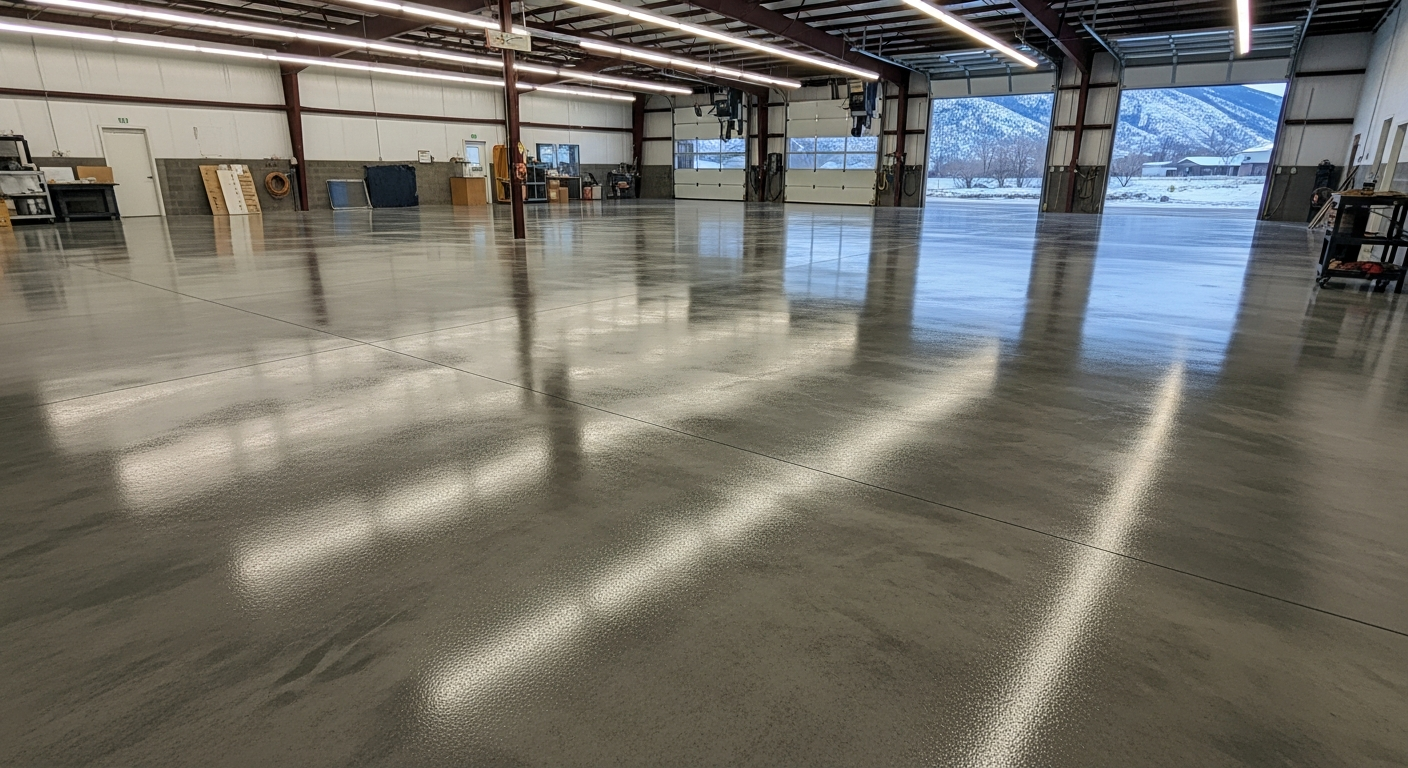 Finished polyaspartic shop floor in Northwest Montana