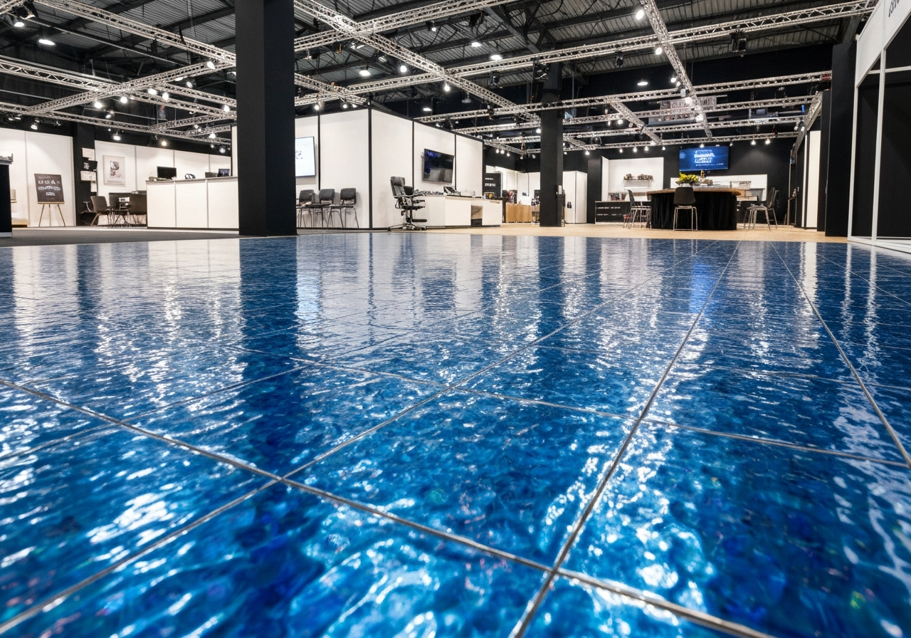 Blue-and-silver metallic floor in a showroom-style space