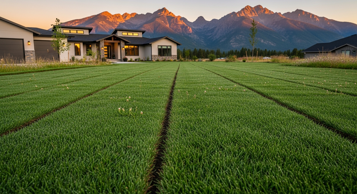 A freshly installed lush green sod lawn at a Flathead Valley home, crisp seams, mountains behind
