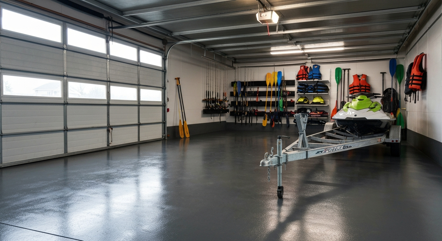 Coated garage floor with boat trailer and lake gear stored inside