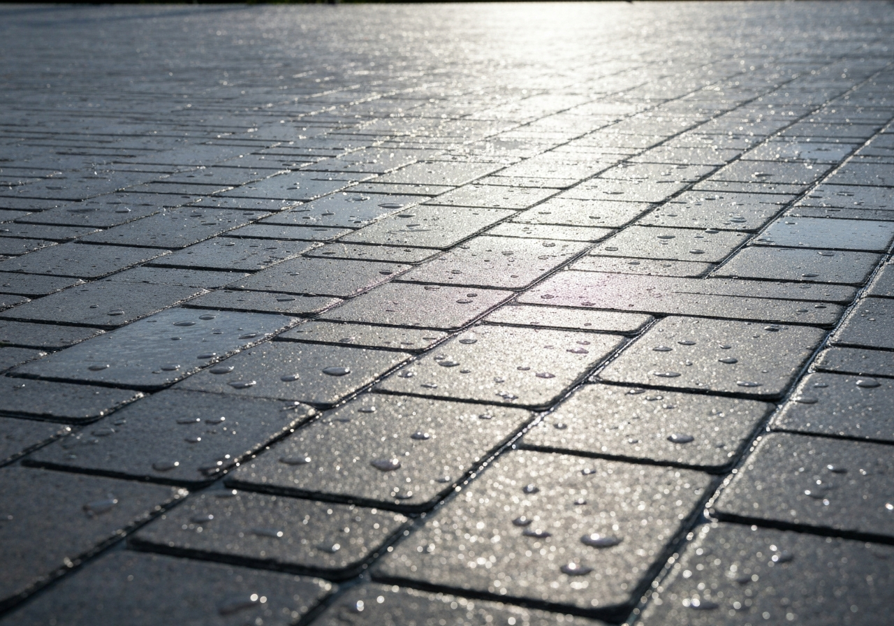 Freshly sealed paver pool deck, water beading on rich pavers