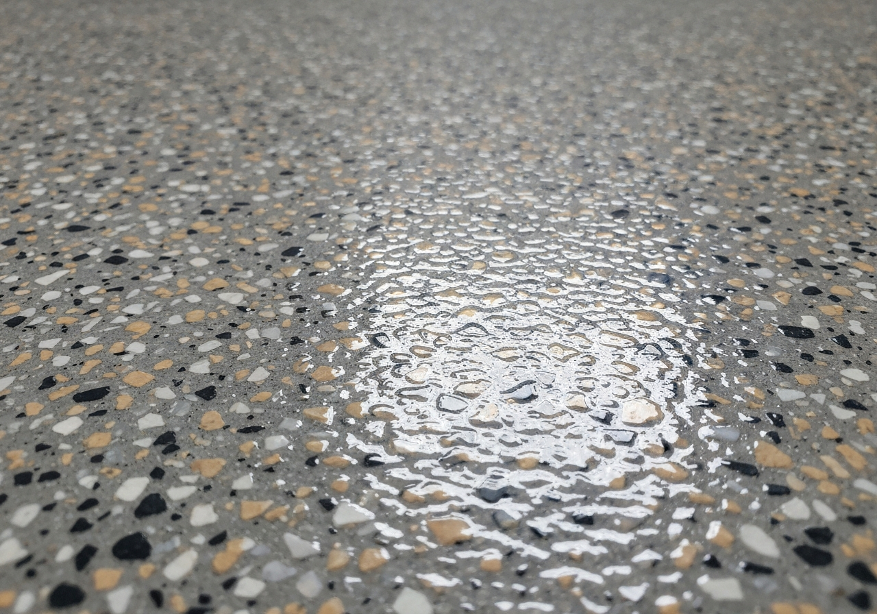 Tight macro close-up of a multicolor gray/black/tan flake floor texture under clear glossy topcoat
