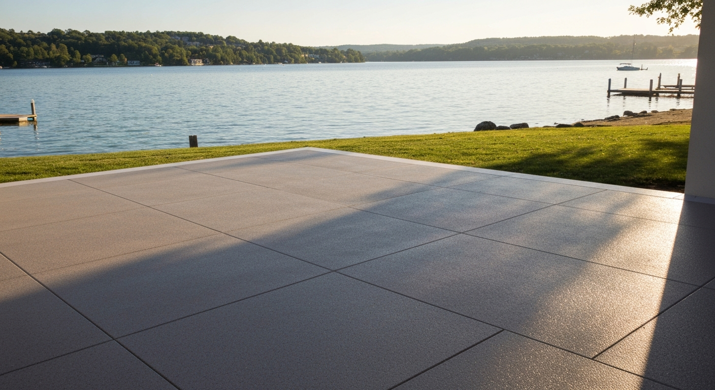Finished patio coating on an outdoor entertaining area with lake view