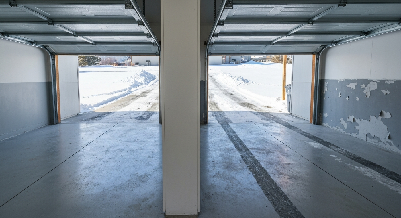 Photorealistic Montana two-car garage, one stall freshly coated in gray full-flake gloss and the other stall worn gray paint peeling in the tire path