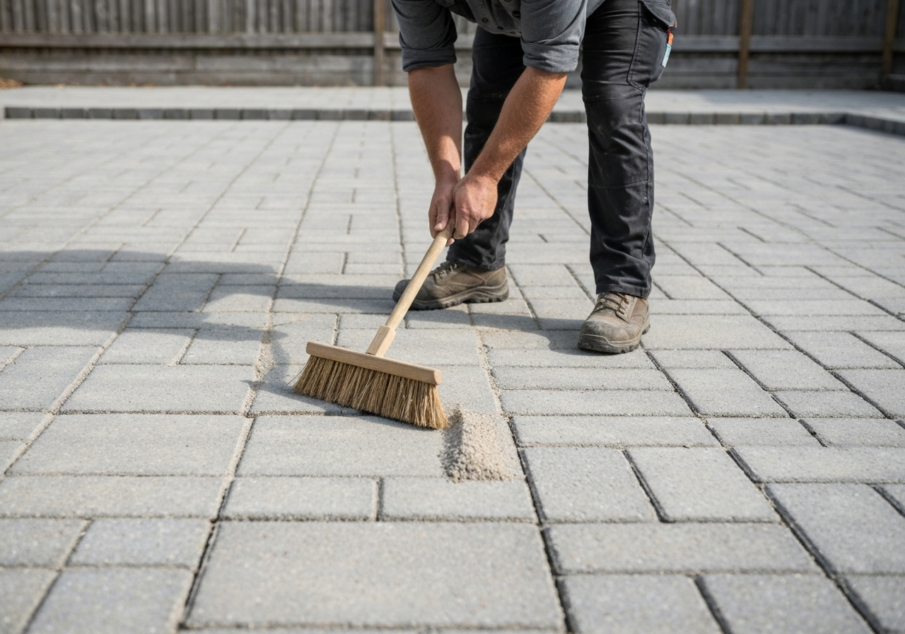 Technician sweeping polymeric sand into paver joints on a patio