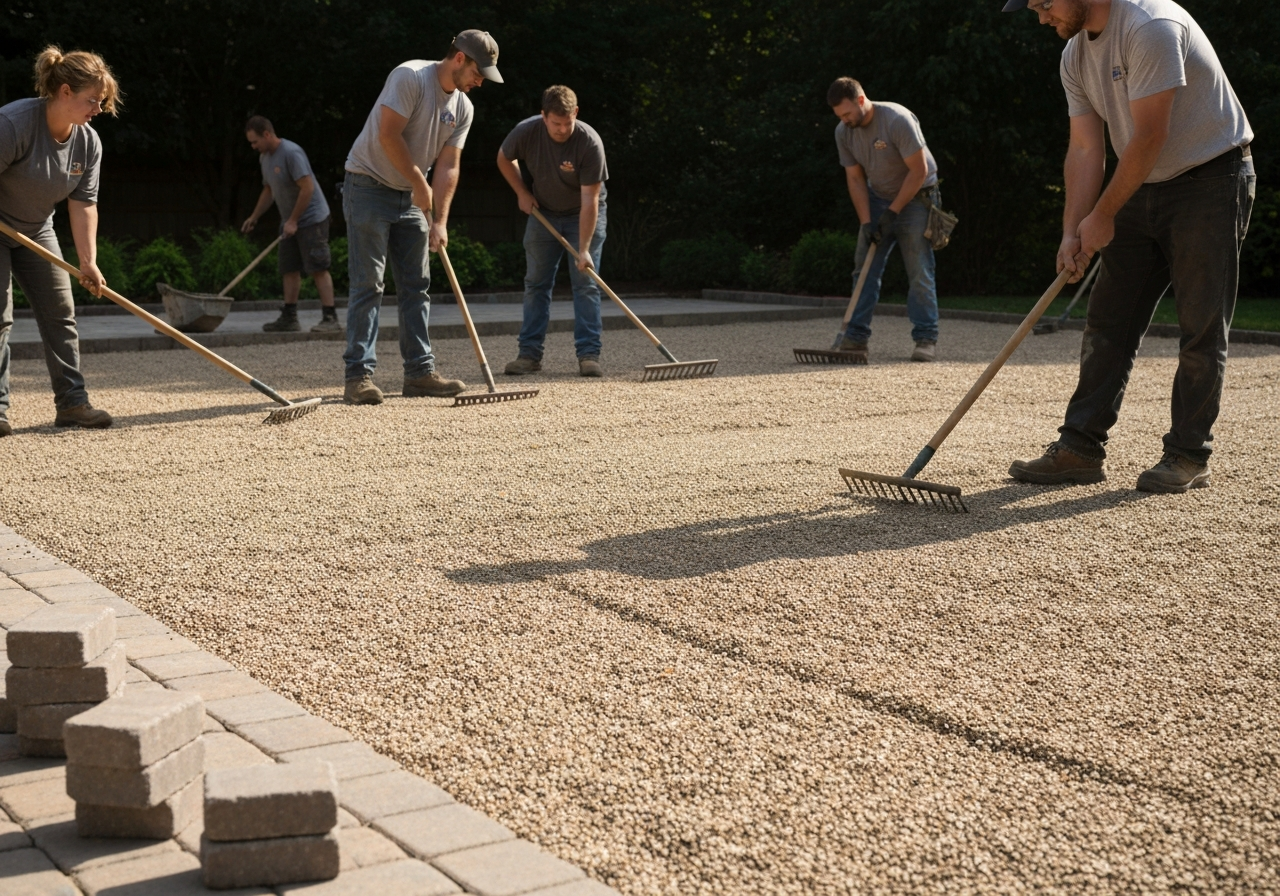 Landscaping crew compacting gravel base and laying pavers