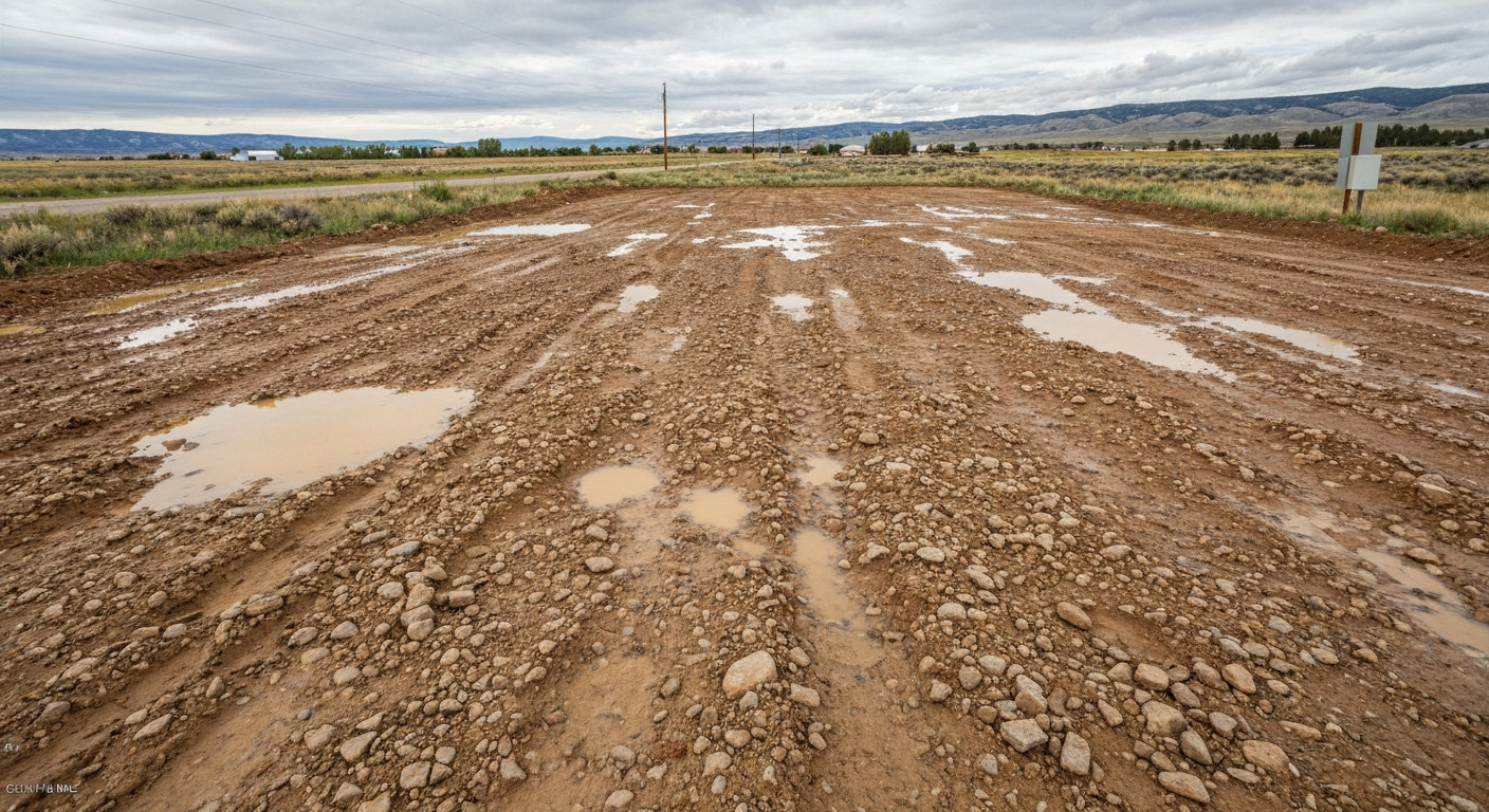 Photorealistic muddy ungraded lot with standing water, rocky clay soil, rural Montana setting