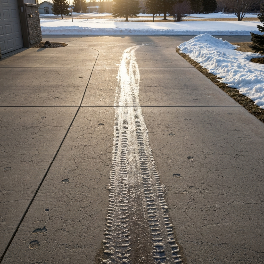 Existing concrete driveway with surface scaling, pitting, and a slush line along the tire path, late-winter Montana light