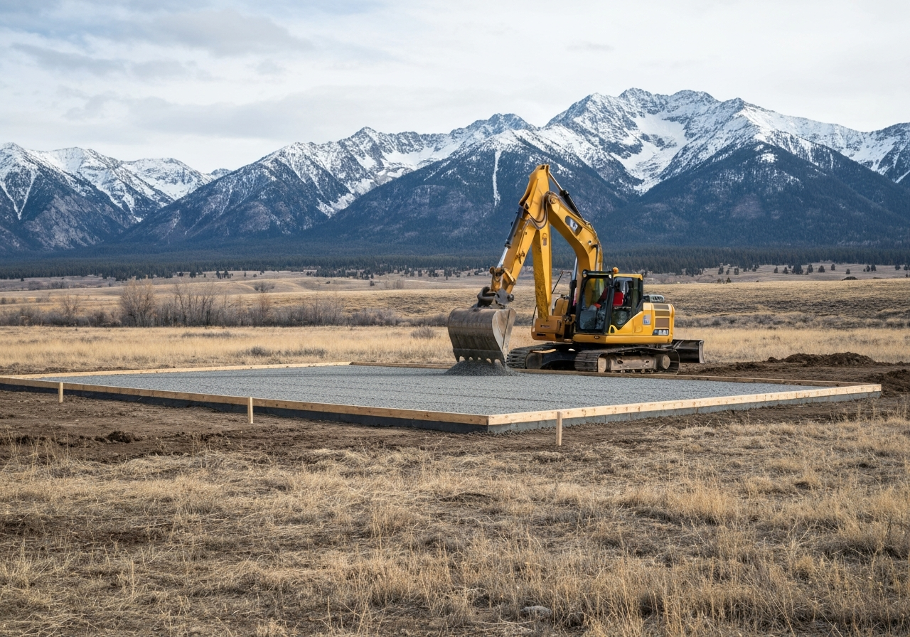 Excavator shaping a compacted gravel building pad on a rural Montana lot