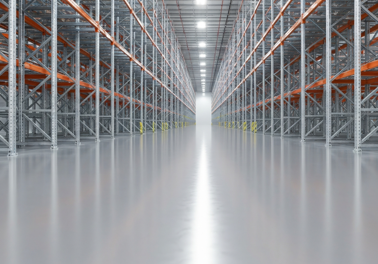 Long warehouse aisle with glossy coated floor and racking