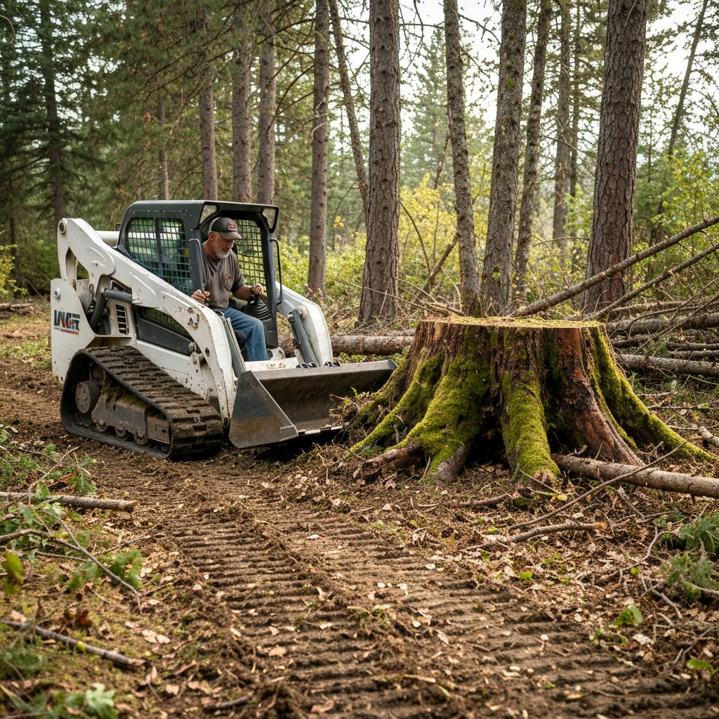 Operator clearing brush and removing a stump with equipment on a wooded parcel, opening an access route